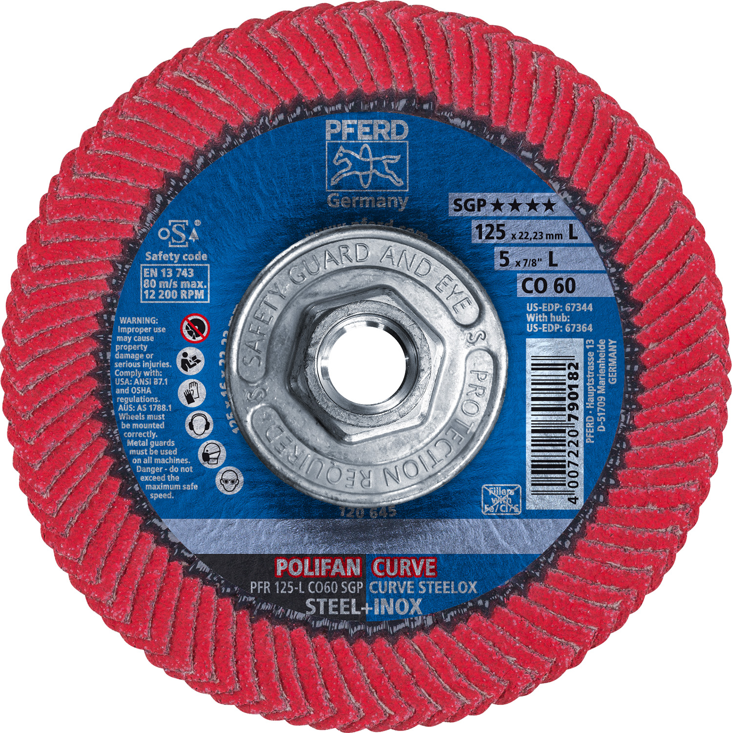 5" x 5/8-11 Thd. POLIFAN® Flap Disc, CO SGP CURVE STEELOX, Ceramic oxide, 60 Grit, Large Radius
